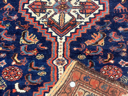 Persian Hamadan Rug 4x6 Antique Navy Blue Geometric Double Medallions Tribal Carpet