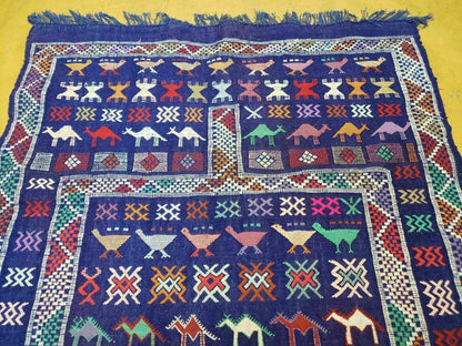 Kilim Rug Vintage Indian Wool Blue Birds Runner