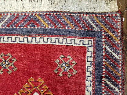 Vintage Turkish Kazak Rug 2.5 by 5 Red Wool Runner With Medallions Geometric Pattern