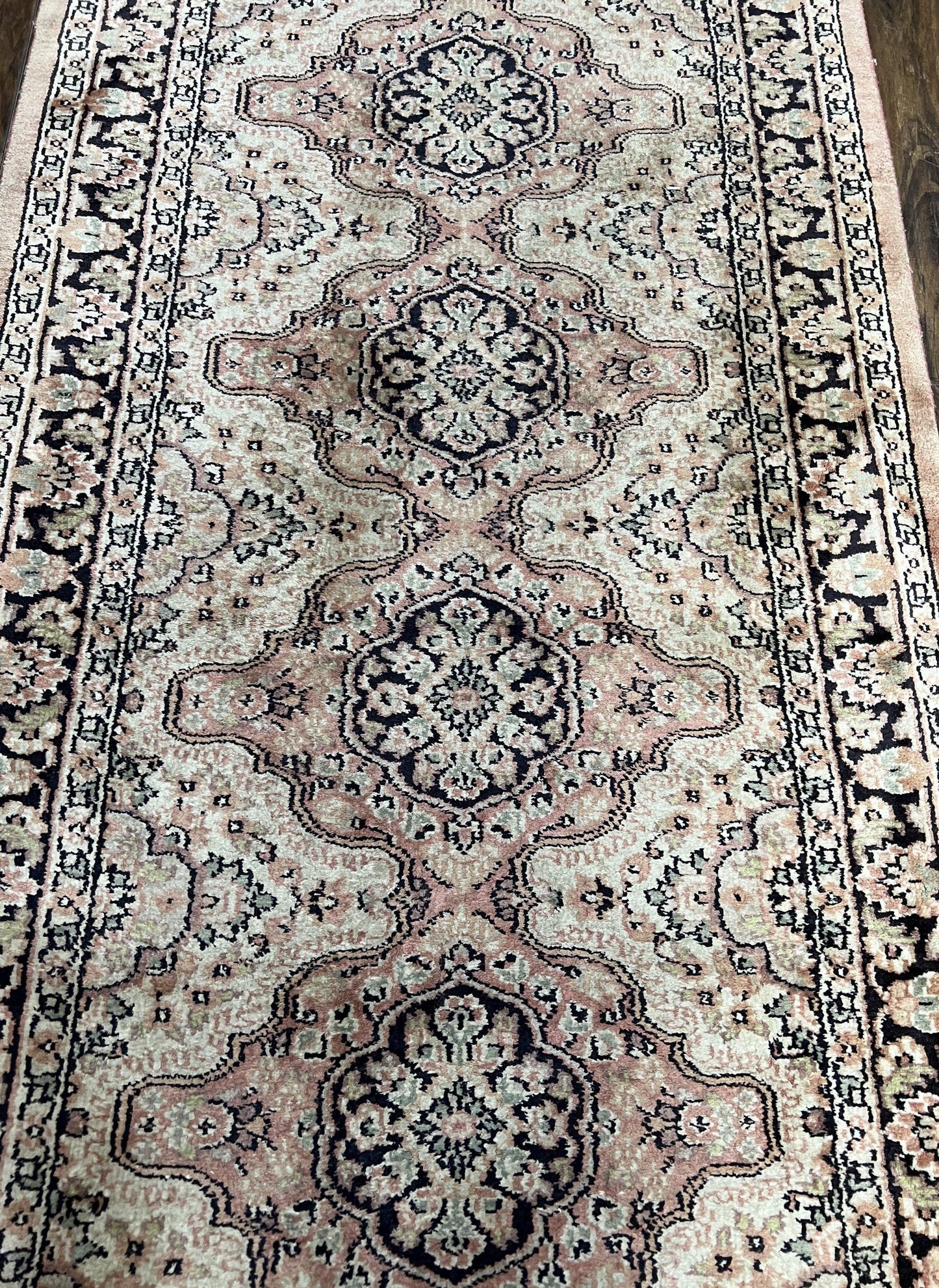 Silk Kashmiri Runner Hand Knotted Vintage Hallway Carpet Ivory Pink Medallion