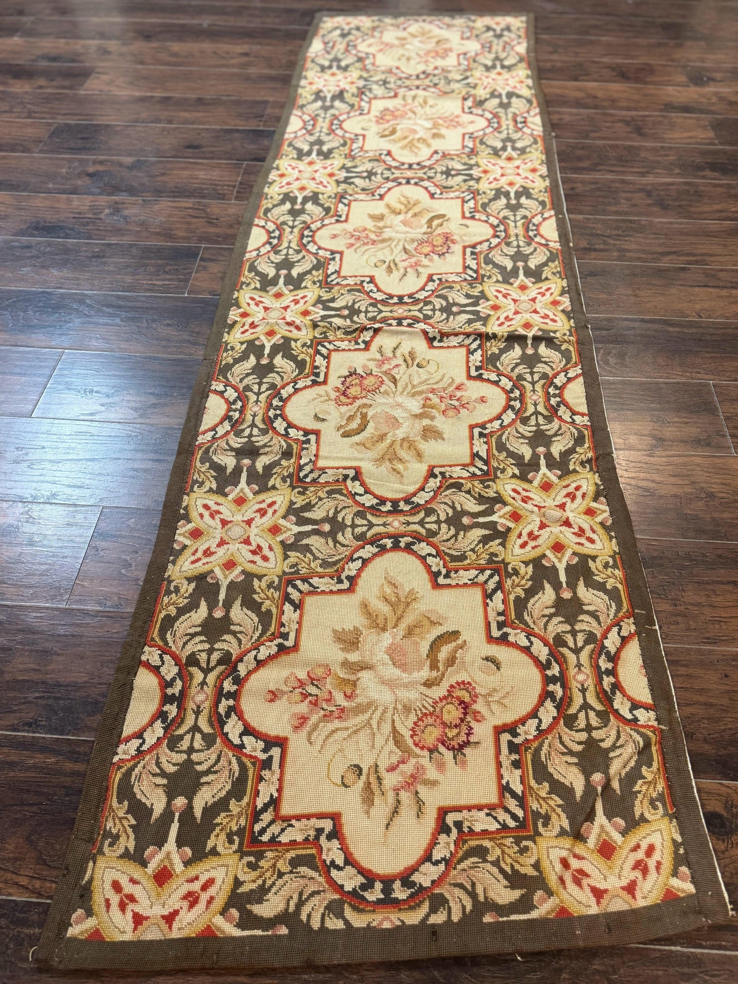 Needlepoint Runner Rug European French Design Handmade Wool Vintage