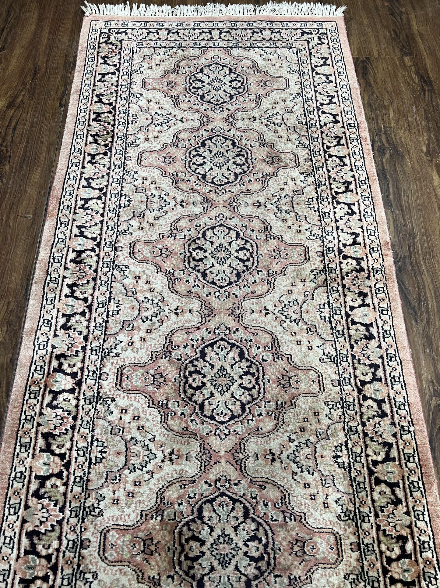 Silk Kashmiri Runner Hand Knotted Vintage Hallway Carpet Ivory Pink Medallion