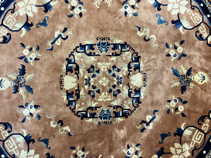 Antique Round Chinese Wool Rug 8x8 Feet Hand Knotted Peking Carpet Oriental Art Deco
