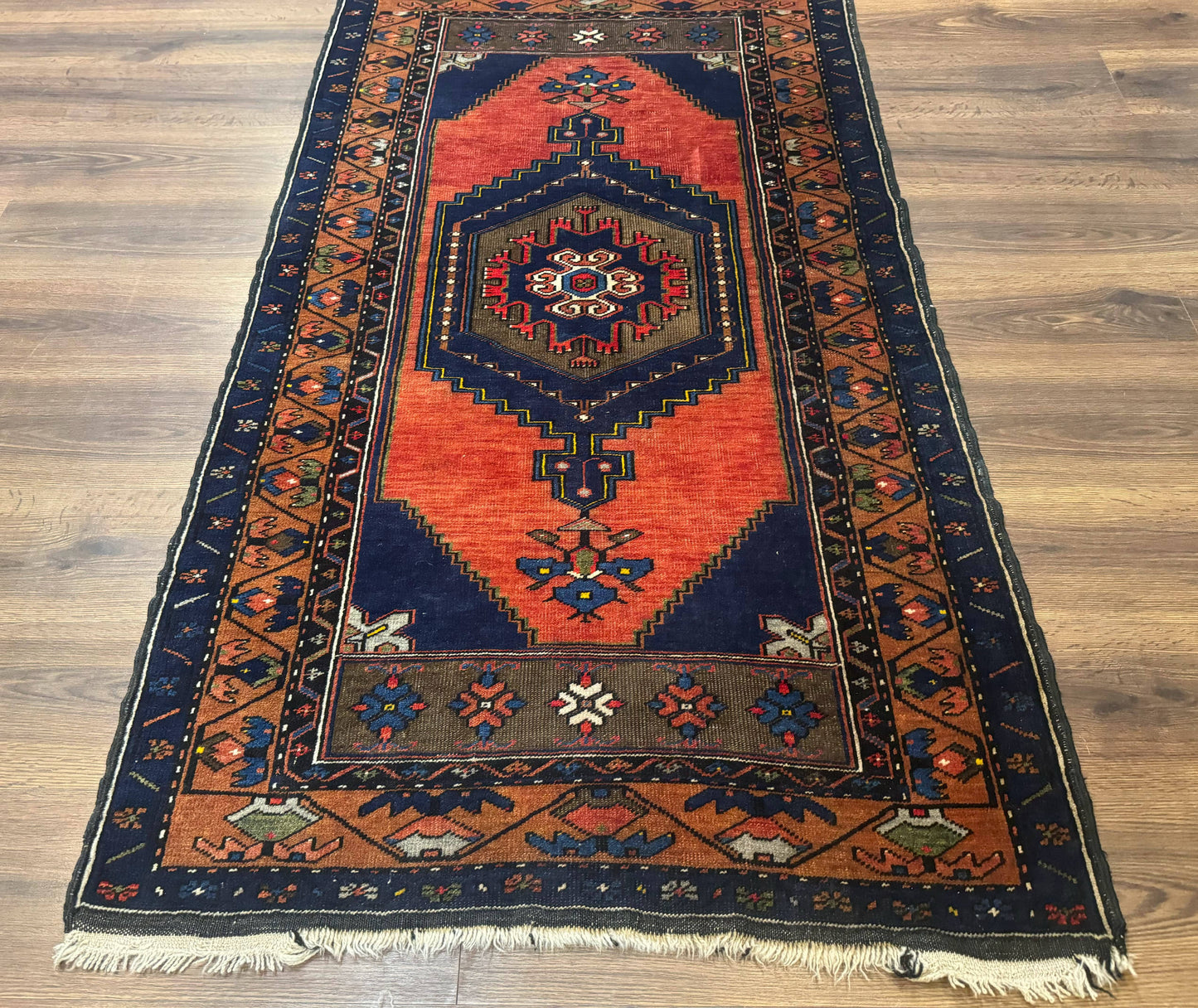 Persian Nahavand Rug 3x6 Geometric Medallion Village Tribal Design In Terracotta And Navy