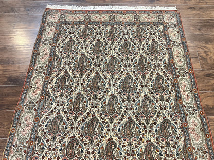 Persian Qum Rug 5x6 Cream Wool Hand Knotted Carpet With Repeated Boteh Paisley Design Semi Antique Vintage