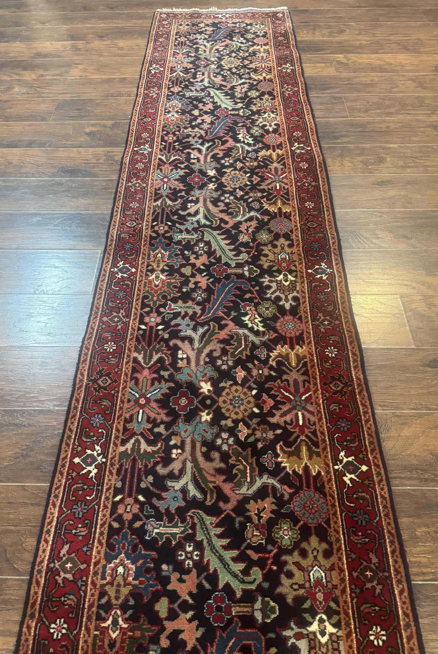 Indo Persian Runner Rug Wool 2.7 X 13 Navy Blue Red Floral Allover