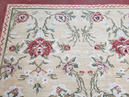 Needlepoint Rug 10x14 Wool Flatweave With English Floral Pattern In Pale Yellow Roses Handmade