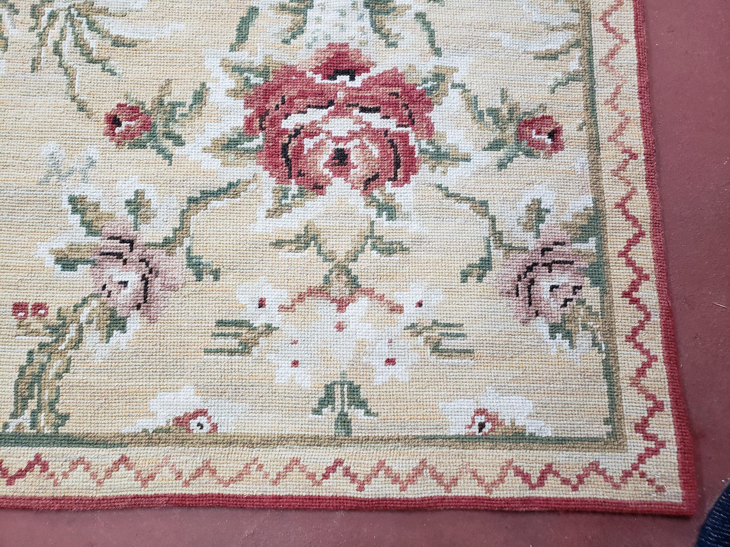 Needlepoint Rug 10x14 Wool Flatweave With English Floral Pattern In Pale Yellow Roses Handmade
