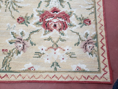 Needlepoint Rug 10x14 Wool Flatweave With English Floral Pattern In Pale Yellow Roses Handmade