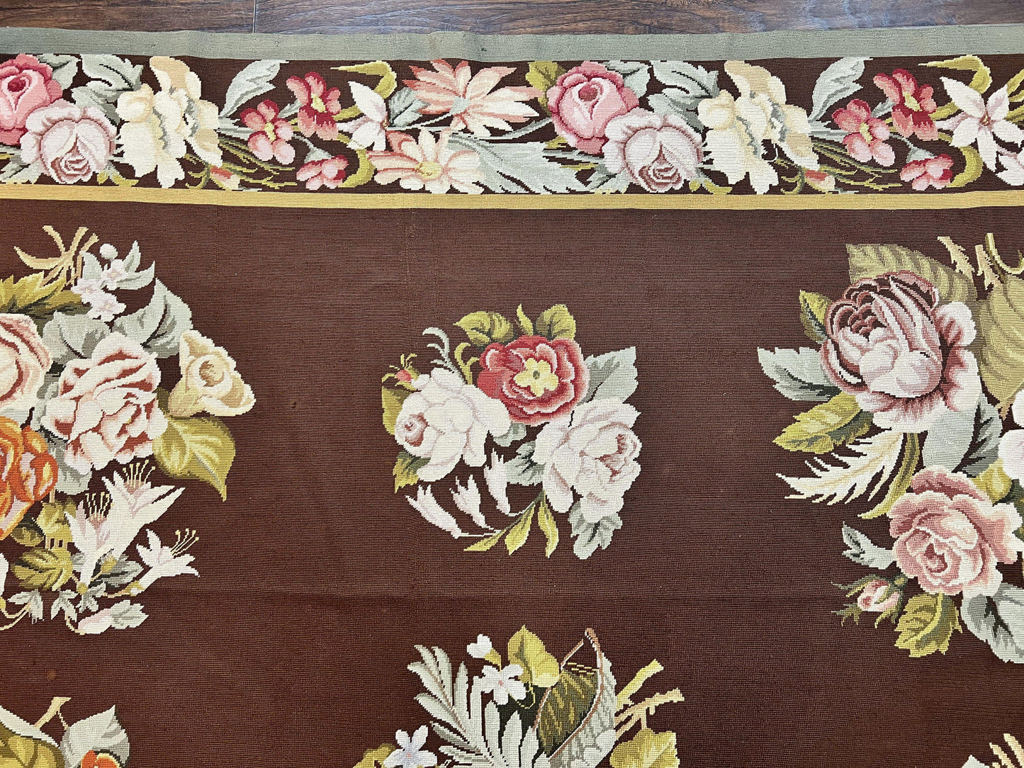 Vintage Needlepoint Rug 9x12 Handmade Wool Carpet With Floral Bouquets European Design