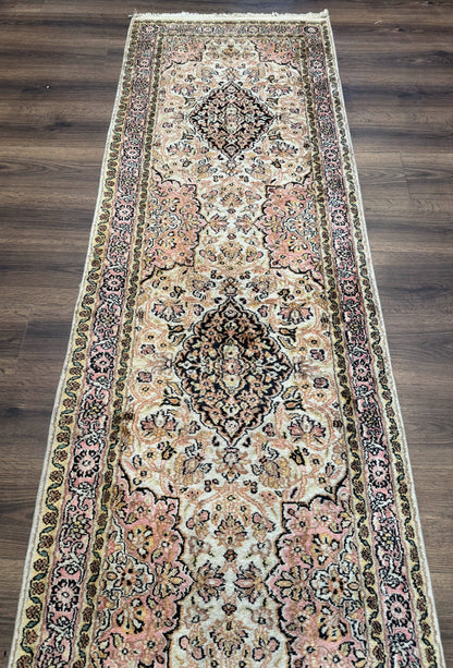 Silk Indian Kashmiri Runner Rug 2.7 X 9.8 Hand Knotted Floral Medallions