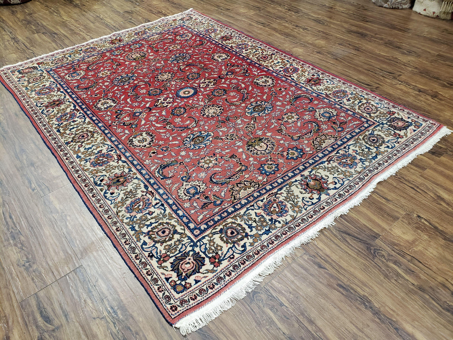Persian Kashan Rug Semi Antique Hand Knotted Wool Red And Cream 4 Ft 8 In By 6 Ft 6 In