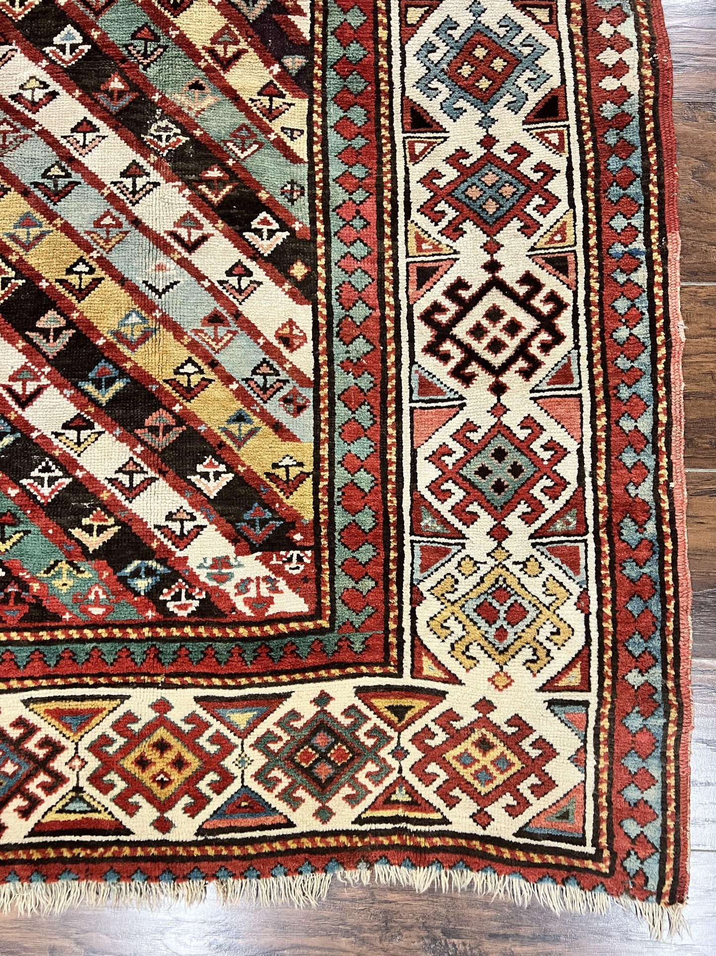 Caucasian Kazak Runner Rug Hand Knotted Wool Antique 1880s Ivory And Multicolor Striped Hallway Rug