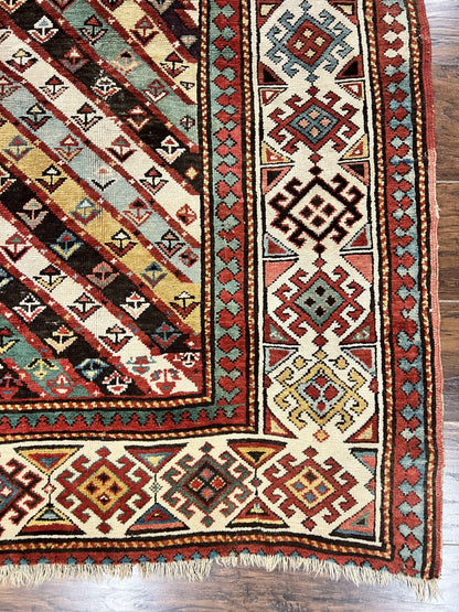 Caucasian Kazak Runner Rug Hand Knotted Wool Antique 1880s Ivory And Multicolor Striped Hallway Rug