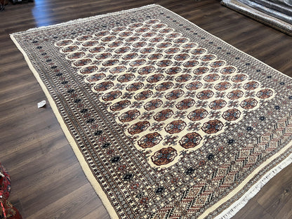 Pakistani Bokhara Rug 8x10 Vintage Handmade Turkoman Carpet With Elephant Foot Motif Ivory Cream Black Red