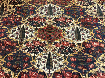 Persian Bakhtiari Rug Antique 12x19 Hand Knotted Wool Panel Design Peacocks Multicolor