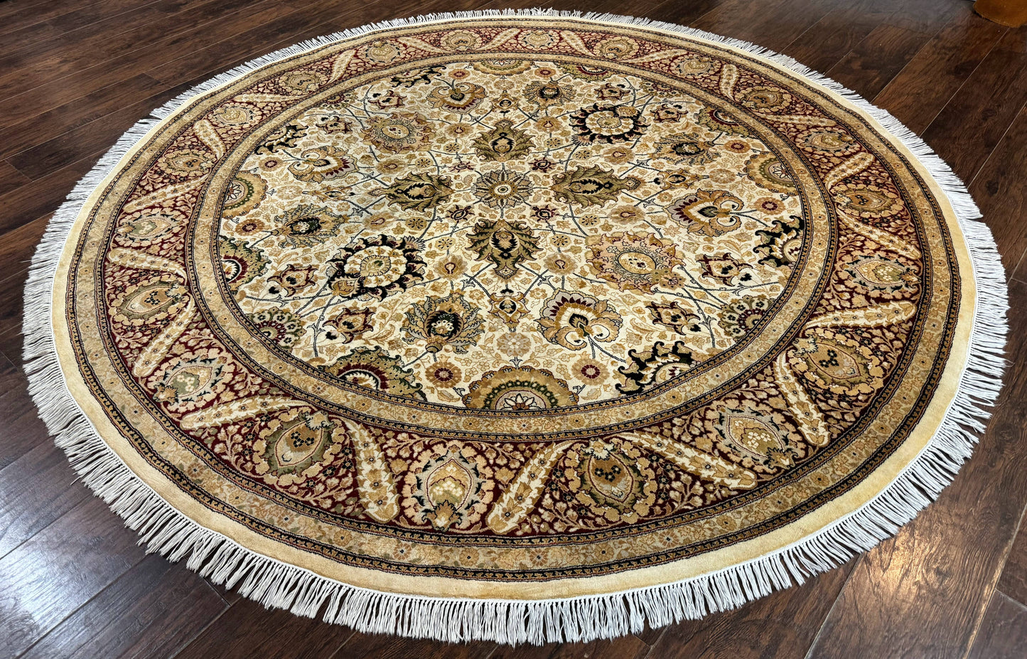 Round Persian Wool Rug 8x8 Handmade Vintage Carpet Beige Dark Red KPSI 270