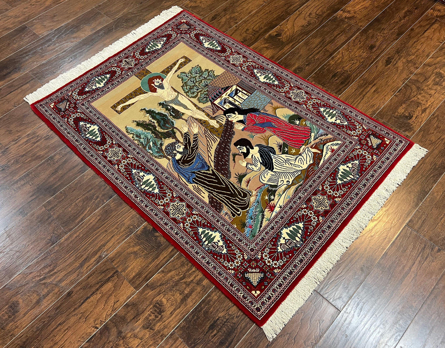 Persian Kashan Pictorial Rug 3x5 Jesus On Cross Handwoven Wool