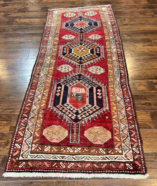 Persian Heriz Runner Rug 3.8 By 8.6 Hand Knotted Wool Geometric Triple Medallions Hallway Decor