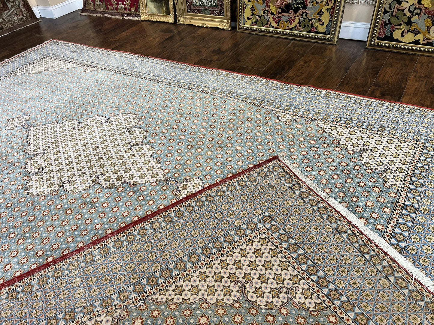 Qum Persian Rug Hand Knotted Wool 8x12 Vintage Star Motifs Blue Ivory