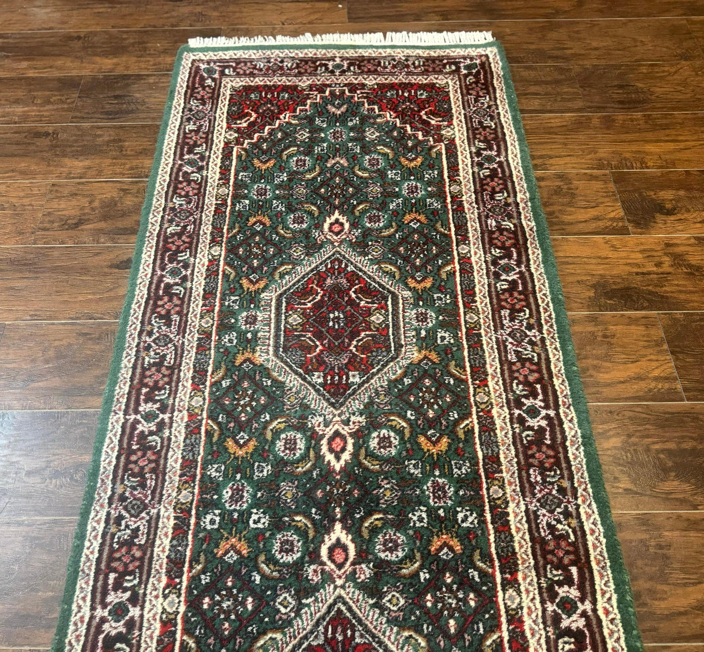 Indo Persian Bidjar Runner Rug 3x10 Green Red Hand Knotted Wool