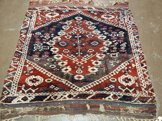 Antique Turkish Rug Bergama Wool Handmade With Vegetable Dyes Medallion Pattern 47 By 52 Inches