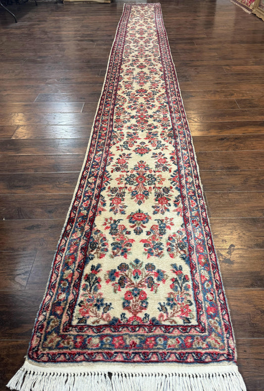 Persian Sarouk Runner Rug Handmade Wool Floral Hallway Ivory