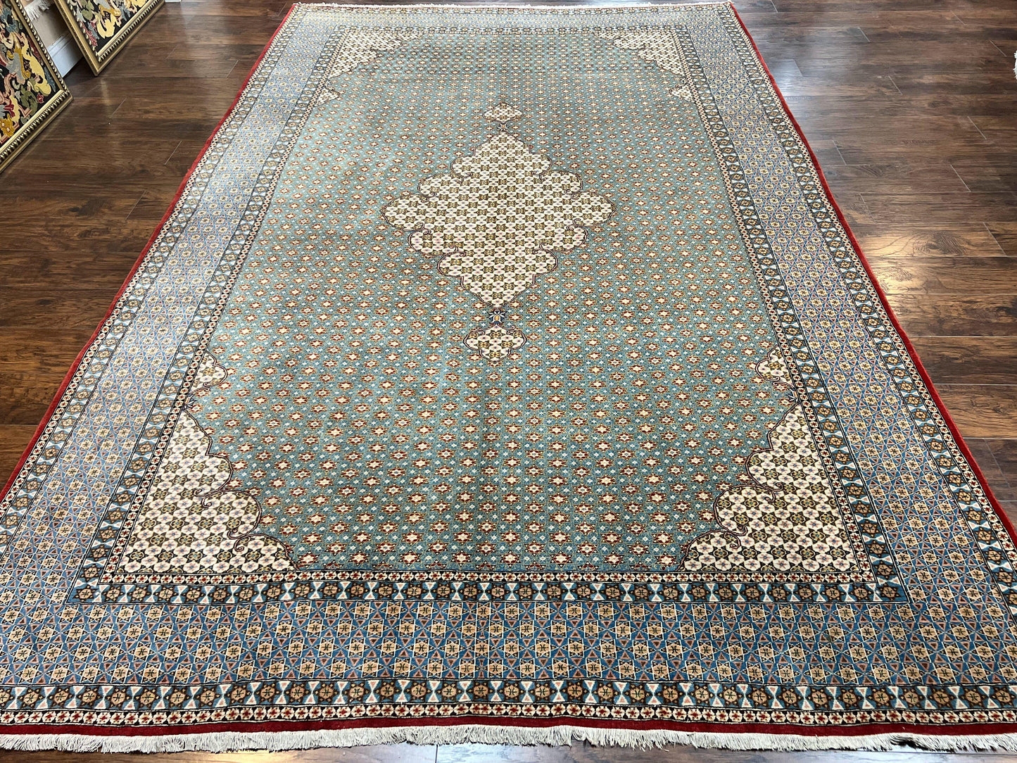 Qum Persian Rug Hand Knotted Wool 8x12 Vintage Star Motifs Blue Ivory