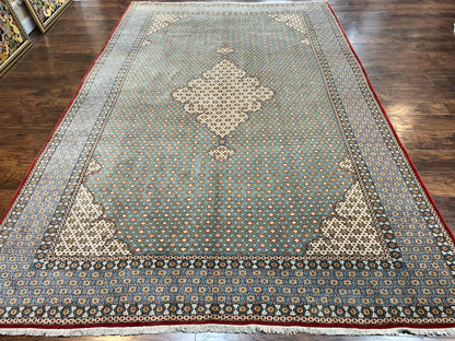 Qum Persian Rug Hand Knotted Wool 8x12 Vintage Star Motifs Blue Ivory