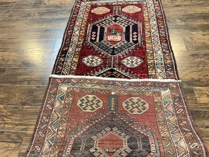 Persian Heriz Runner Rug 3.8 By 8.6 Hand Knotted Wool Geometric Triple Medallions Hallway Decor