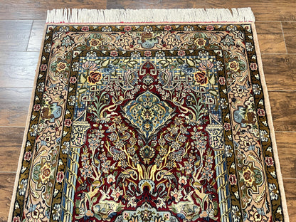 Persian Isfahan Rug Vintage Hand Knotted 3.7 by 5.6 Tree of Life Kork Wool Silk Highlights