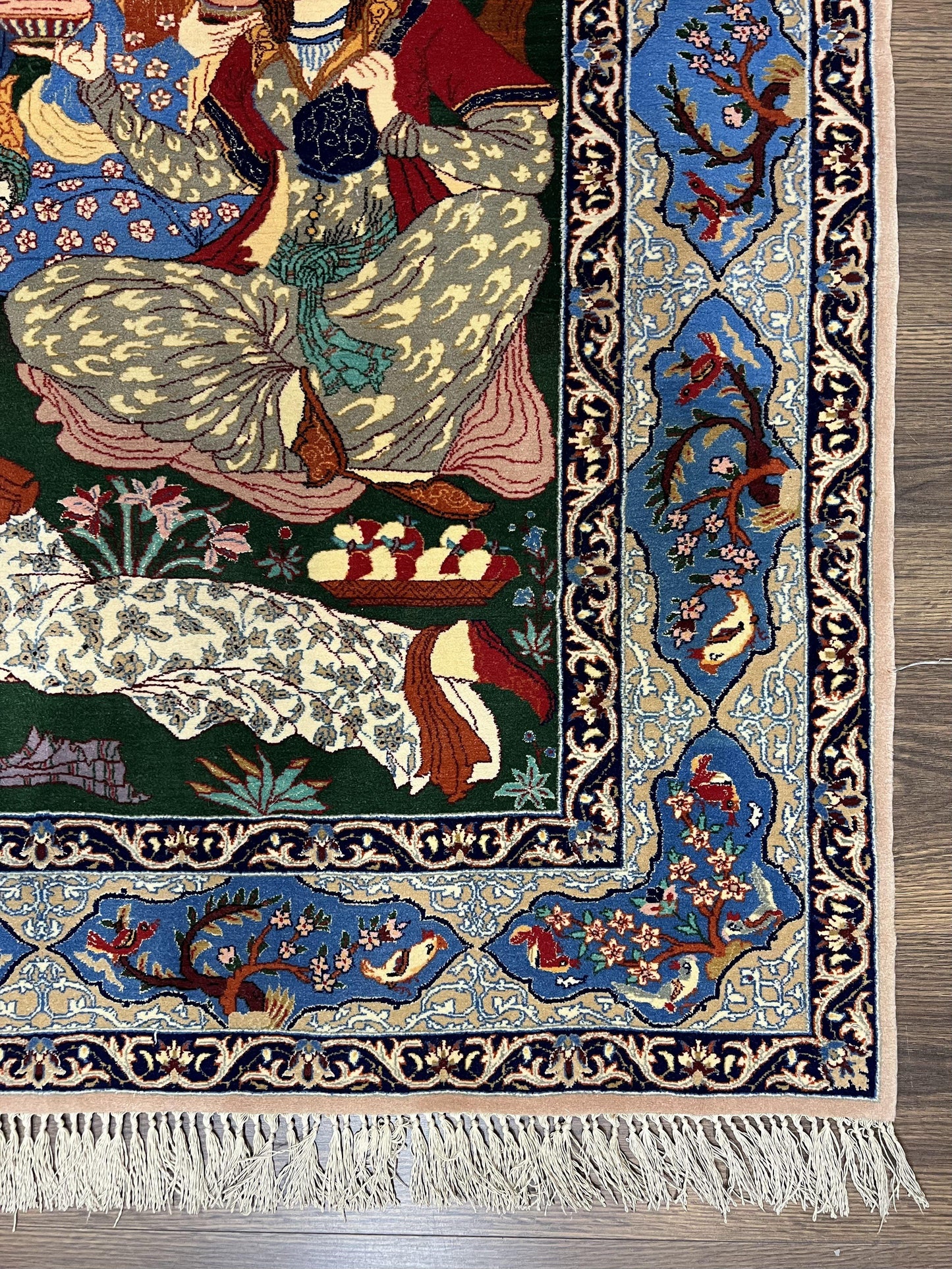 Isfahan Pictorial Rug Fine Persian Hand Knotted Blue Silk Foundation 3.7 x 5 Semi Antique