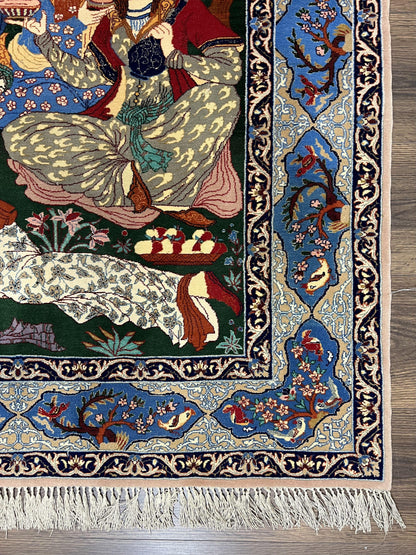 Isfahan Pictorial Rug Fine Persian Hand Knotted Blue Silk Foundation 3.7 x 5 Semi Antique