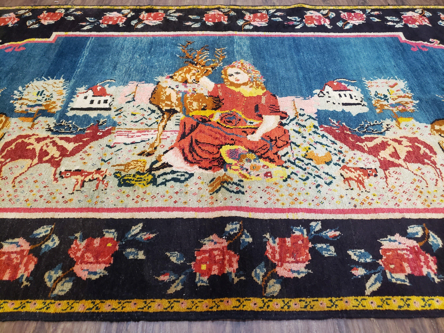 Antique Persian Pictorial Rug Hand Knotted Wool Carpet 4ft 6in By 9ft Blue Roses Caucasian