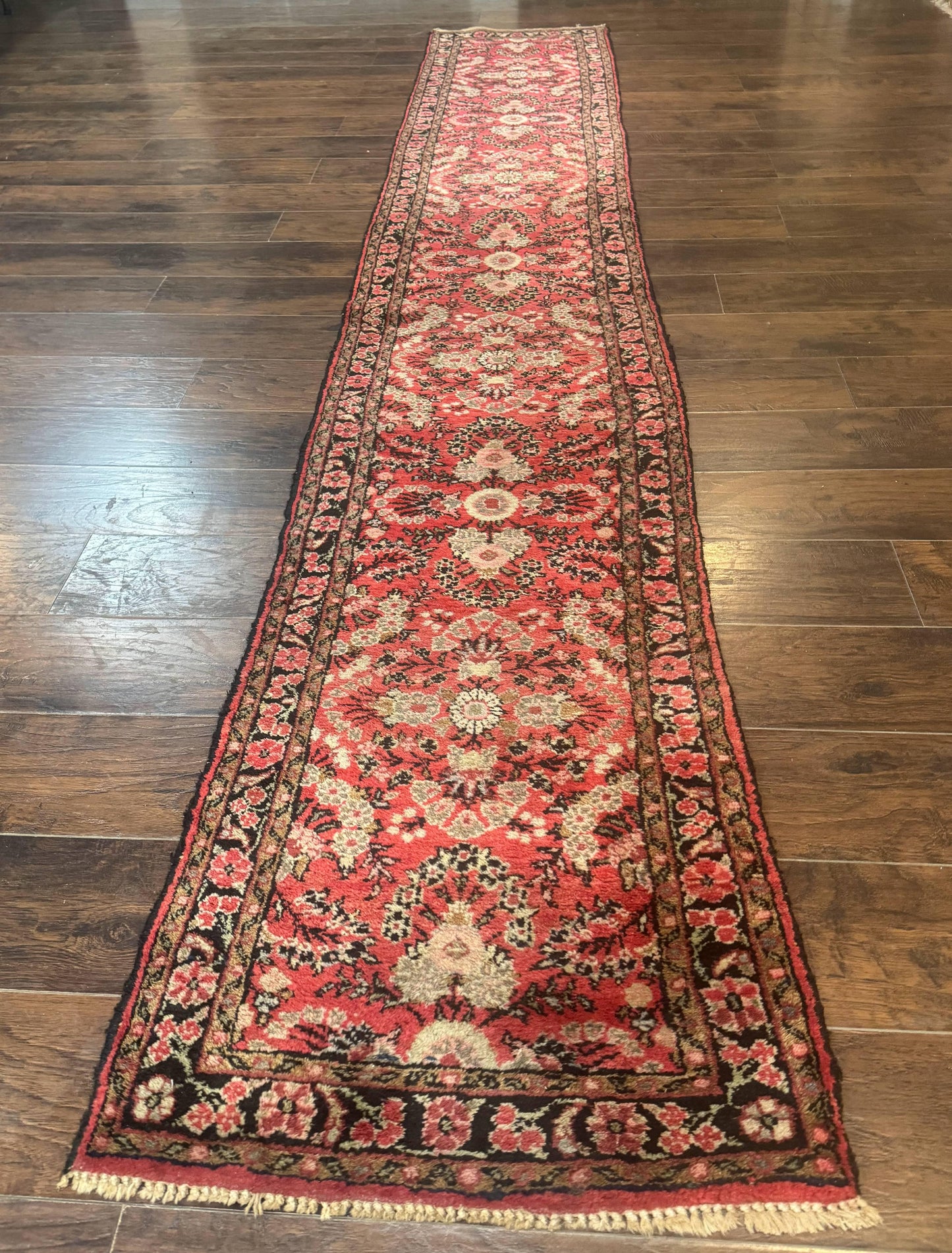 Persian Hamadan Runner Rug 2x13.6 Ft Hand Knotted Wool Red Floral Hallway Carpet