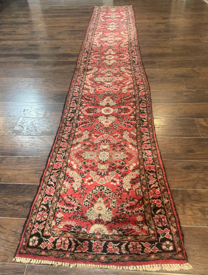 Persian Hamadan Runner Rug 2x13.6 Ft Hand Knotted Wool Red Floral Hallway Carpet