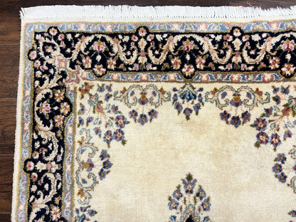 Persian Kirman Rug 4x7 Hand Knotted Wool Antique Carpet Beige Medallion Design