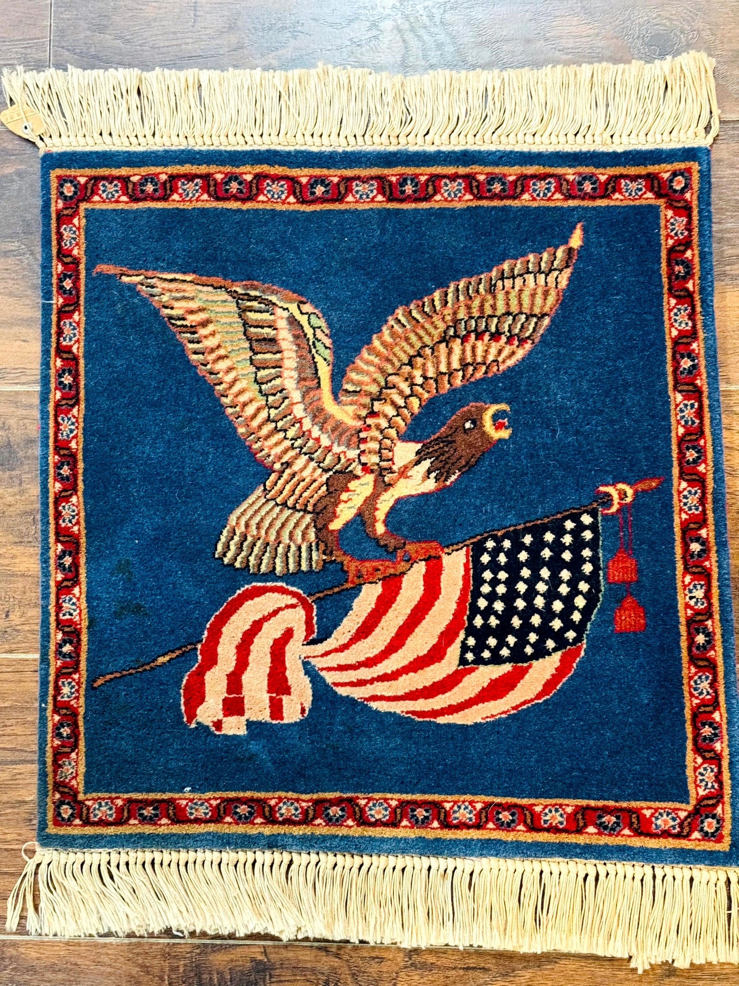 American Flag Bald Eagle Pictorial Rug Indo Persian Handmade Wool Hand Knotted
