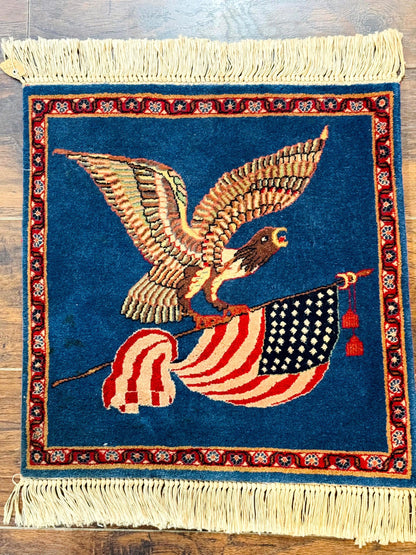 American Flag Bald Eagle Pictorial Rug Indo Persian Handmade Wool Hand Knotted