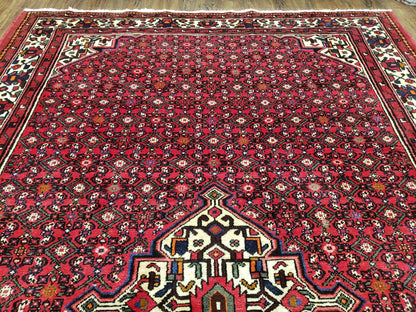 Vintage Persian Hamedan Rug 7x10 Hand Knotted Wool Mahi Pattern Red