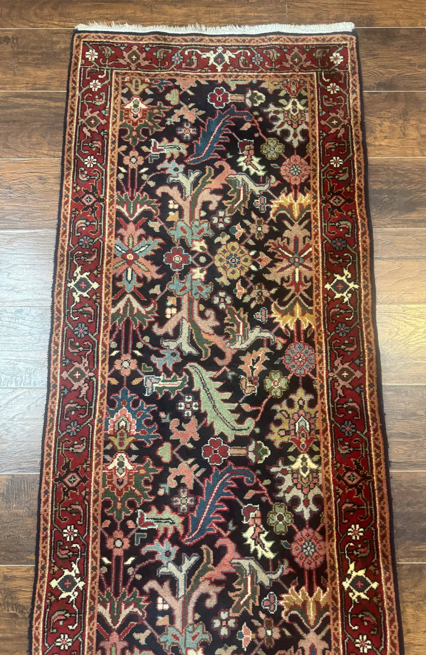 Indo Persian Runner Rug Wool 2.7 X 13 Navy Blue Red Floral Allover