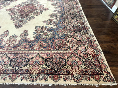 Persian Sarouk Rug 9x12 Ivory and Blue Hand Knotted Antique 1920s Semi Open Field Medallion