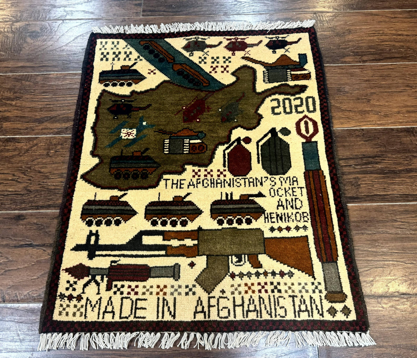 Afghan War Rug Handmade Wool With Helicopters And Tanks Decor