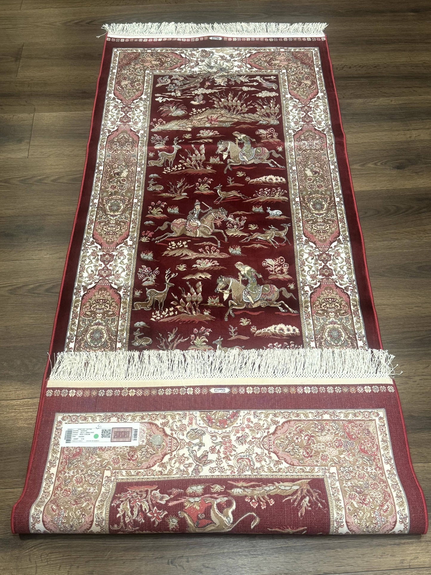 Turkish Silk Rug Runner 2.6 By 6.7 Red Ivory Hunting Design Bamboo Silk Contemporary