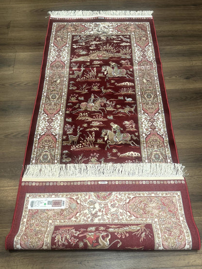 Turkish Silk Rug Runner 2.6 By 6.7 Red Ivory Hunting Design Bamboo Silk Contemporary