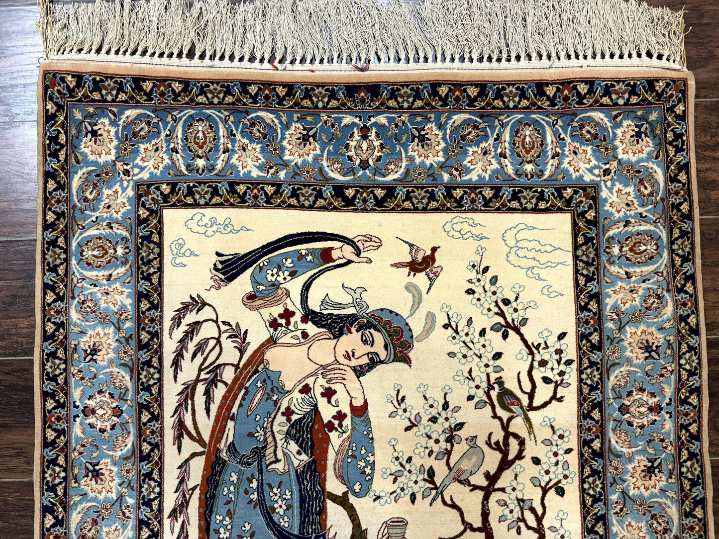 Persian Isfahan Pictorial Rug Two Lovers Kork Wool On Silk Foundation Ivory And Light Blue 500 KPSI Super Fine