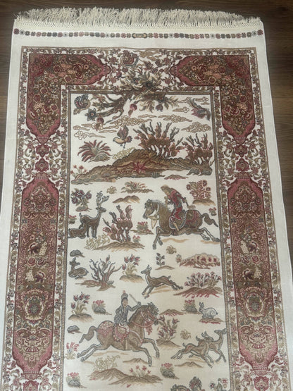 Turkish Silk Runner Rug 2.6x16.5 Ft Ivory Hunting Design Bamboo Silk New