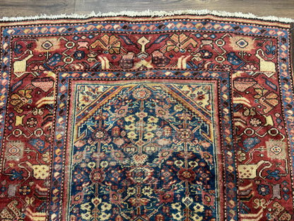Antique Persian Rug Malayer 4x7 Blue And Red Rare Carpet Vintage Collectible