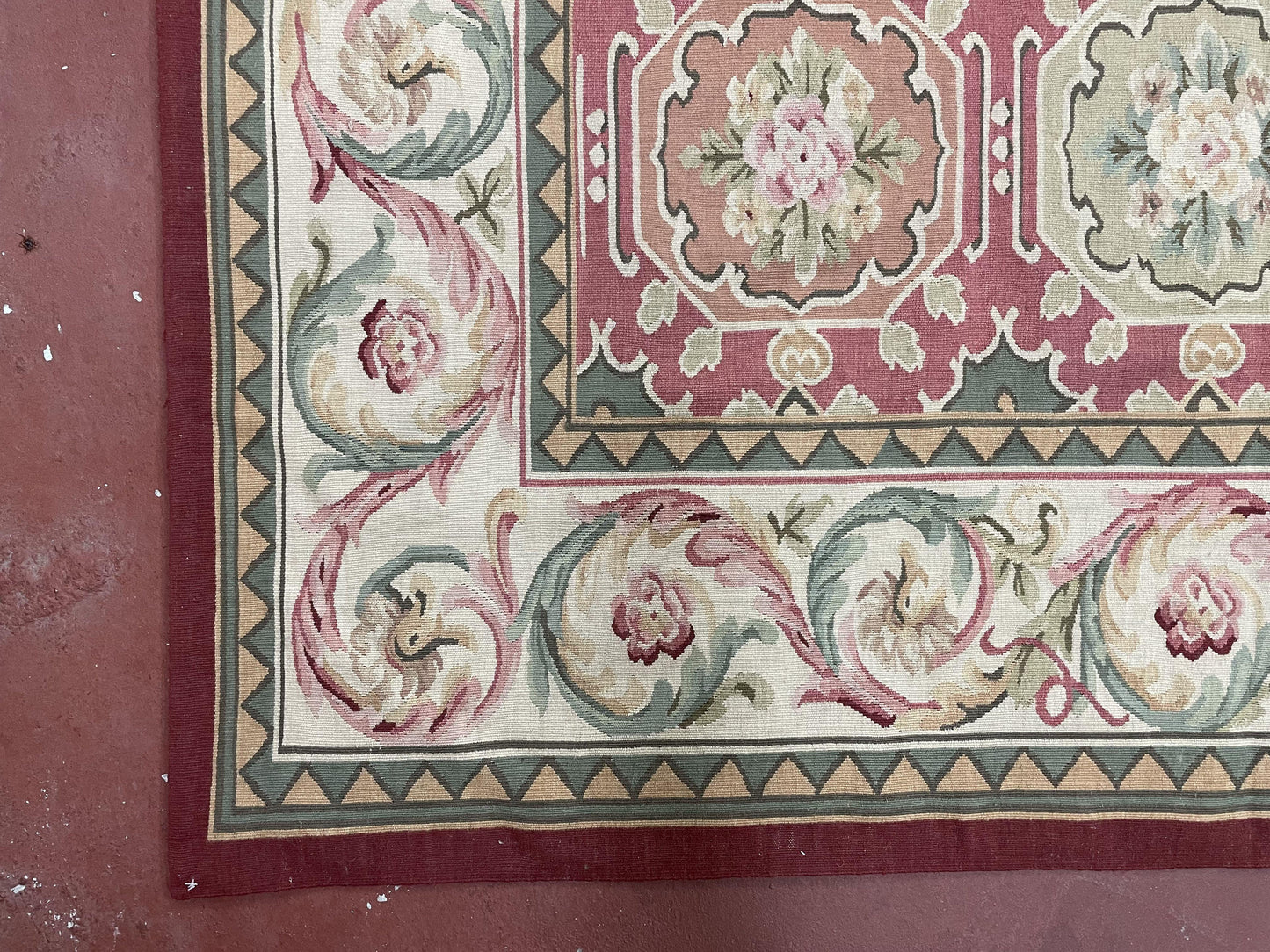 Square Aubusson Rug 9x9 Hand Knotted Wool Needlepoint Panel Design European