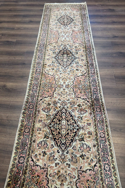 Silk Indian Kashmiri Runner Rug 2.7 X 9.8 Hand Knotted Floral Medallions